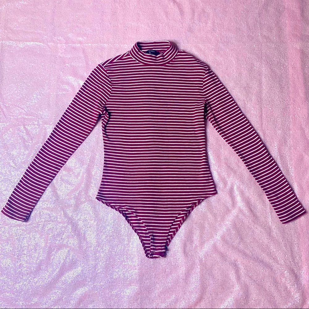 ♡ Striped Long-Sleeve Turtle-Neck Body-Suit by ‘Ambiance’ ♡
